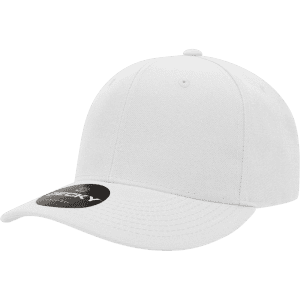 A white six-panel mid-profile structured cap with a curved brim and an attached logo on the side.