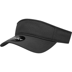 A black kids visor with a wide brim and an adjustable strap. It features a small logo on the front.