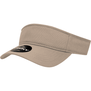 A beige kids visor with a wide brim and an adjustable strap at the back. It features a logo on the front.