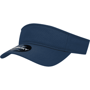 A navy blue kids visor with a wide brim and a logo on the side.
