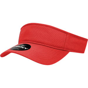 A red kids visor with a wide brim and an adjustable band, featuring a logo on the front.