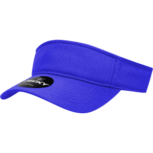 A blue kids visor with a wide brim and an adjustable band featuring a logo.