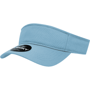 A kids' visor in light blue with a wide brim and an adjustable strap, featuring a branded logo.