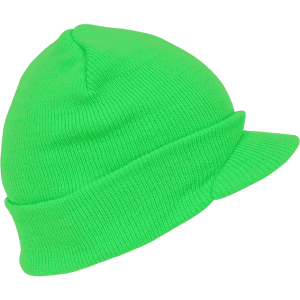 A green beanie with a folded cuff, featuring a slightly extended brim. The material is knit, giving it a textured appearance.