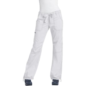 A pair of white pants with drawstring and multiple pockets. The model is wearing navy shoes. The image includes a logo.