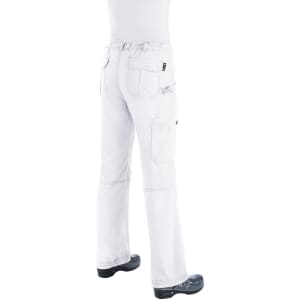 A pair of white pants with a fitted waistband and multiple pockets, featuring a branded logo.