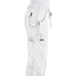 A pair of white pants with multiple pockets and detailing. The product features a small logo.