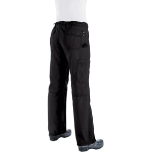 Black pants with an elastic waistband and multiple pockets, designed with a relaxed fit and sturdy fabric.
