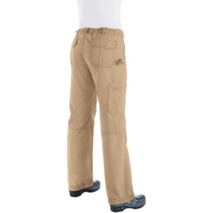 A pair of beige pants with multiple pockets, featuring an elastic waistband and a straight leg design.