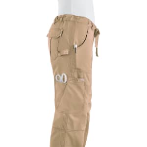 A pair of khaki pants featuring multiple pockets and a drawstring waist. The product has a logo visible.