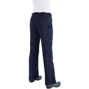 Navy blue work pants featuring multiple pockets and an elastic waistband, shown from the back.