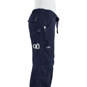 Navy pants with a side pocket and adjustable waistband, featuring a logo.