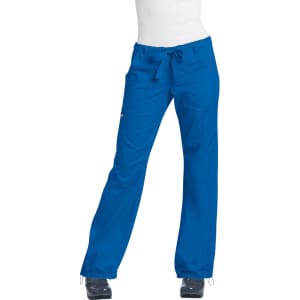 Bright blue pants featuring a drawstring waist and side pockets, complemented by a logo on the leg.