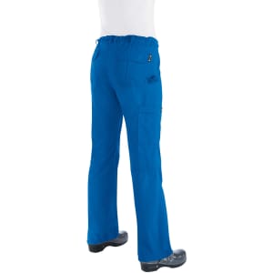 A pair of blue pants with pockets, featuring an elastic waistband and worn with black footwear.