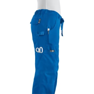 Blue pants with multiple pockets and a waistband tie, featuring a logo. Side view shown.