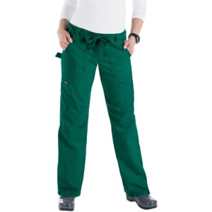 A pair of green pants with a drawstring waist and multiple pockets, featuring a logo.