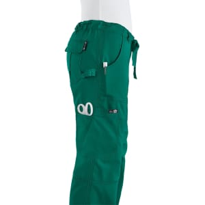 A pair of green pants featuring pockets and a logo, with a tie waistband for fit adjustment.