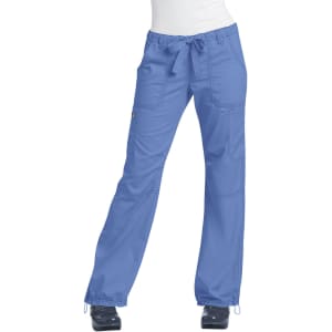 A pair of light blue pants with pockets and a drawstring waist, displayed on a white background.