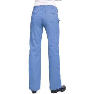 A pair of light blue pants with pockets, featuring a logo on the back.