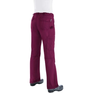 A pair of maroon pants with a relaxed fit and multiple pockets, featuring a logo on the waistband.