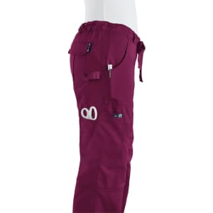 A pair of maroon pants with multiple pockets and a branded logo displayed.