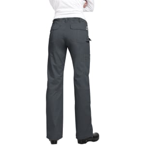 A pair of grey pants with pockets, viewed from the back, featuring a logo on the waistband.