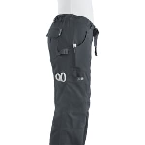 A pair of grey pants with multiple pockets and a waistband tie, featuring a logo on the side.