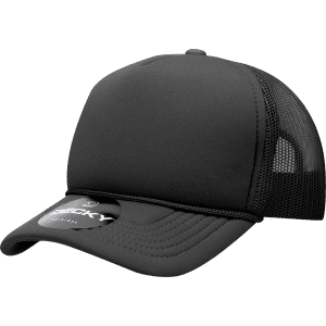 A black 5-panel mid-profile structured foam trucker cap with mesh sides and a circular logo.