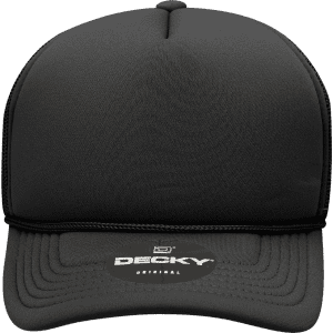 A black, structured foam trucker cap featuring a curved brim and a logo on the front.