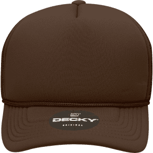 A brown structured foam trucker cap with a curved visor and a logo on the front.