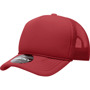 A red youth 5 panel mid-profile structured foam trucker hat with a mesh back and a logo.