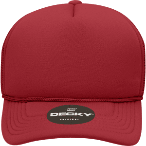 A red 5-panel mid-profile structured foam trucker hat with a branded logo on the front.