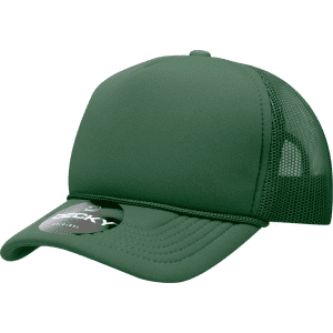 A green structured foam trucker cap featuring a mesh back and a branded tag.