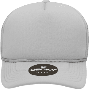 A grey youth 5 panel mid-profile structured foam trucker cap with a branding logo on the front.