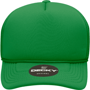 A green youth 5 panel mid-profile structured foam trucker cap with a logo on the front.