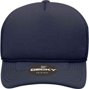 A navy blue structured foam trucker hat with a branded logo on the front.