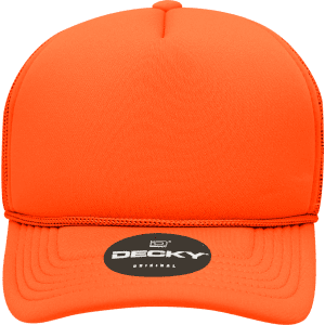 An orange Youth 5 Panel Mid Profile Structured Foam Trucker cap with a logo on the front.