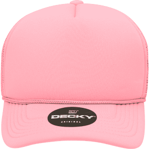 A pink structured foam trucker cap with a mid-profile design and a logo on the front.