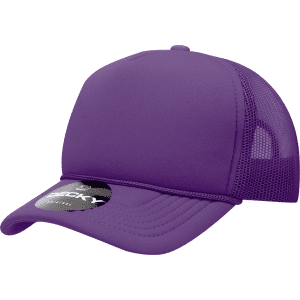 A purple foam trucker cap with a structured design and mesh side panels, featuring a logo on the front.
