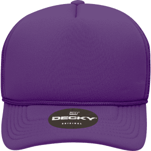 A purple structured foam trucker cap featuring a branded logo on the front.