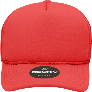 A red youth 5 panel mid profile structured foam trucker cap with a logo on the front.