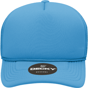 A blue Youth 5 Panel Mid Profile Structured Foam Trucker cap with a logo on the front.