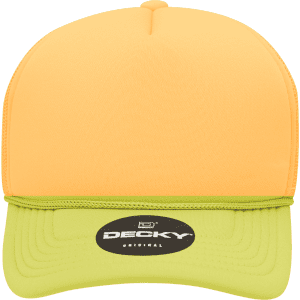 A structured foam trucker cap featuring an orange front and a lime green brim, with a logo on the front.