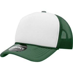 A green and white structured foam trucker cap with a mesh back and a logo on the front.