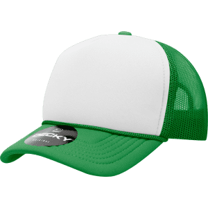 A green and white youth 5 panel mid profile structured foam trucker cap with a logo on the front.