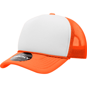 A mid-profile structured foam trucker cap in orange and white with a mesh back and a logo on the front.