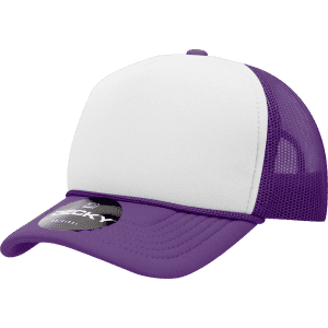 A structured foam trucker cap in purple and white, featuring a branded logo on the front.