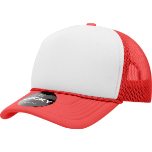 A red and white structured foam trucker cap with mesh sides and a branded logo on the front.
