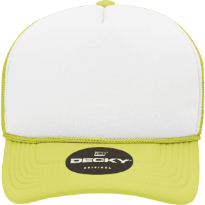 A yellow and white youth foam trucker cap with a structured mid-profile and a logo on the front.