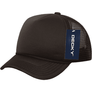 A black 5-panel mid pro foam trucker cap with a mesh back and a tag featuring a logo.